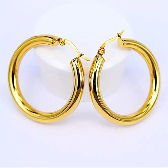 Gold Stainless Steel Tube Hoop Earrings - Picture 3 of 4